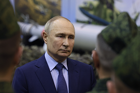 Russian President Vladimir Putin, seen visiting a Russian air force combat training center in 2024, recently offered to extend the New Strategic Arms Reduction Treaty for another year but so far the United States has not formally responded. (Photo by Mikhail Metzel/POOL/AFP via Getty Images)