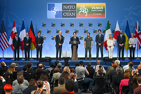 At their 2023 summit in Vilnius, NATO leaders, influenced by Russia’s full-scale invasion of Ukraine, shifted the alliance posture from one based on forward presence to one based on forward defense. (Photo by Artur Widak/NurPhoto via Getty Images)