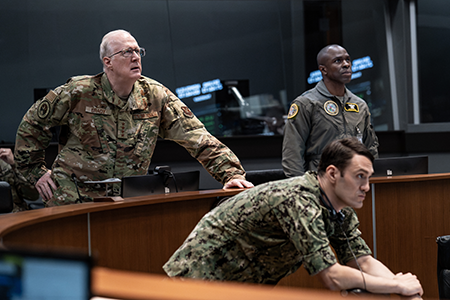 “A House of Dynamite’s” head of U.S. Strategic Command, General Anthony Brady, played by actor Tracy Letts at headquarters during the film’s fast-moving missile crisis. (Photo by Netflix)