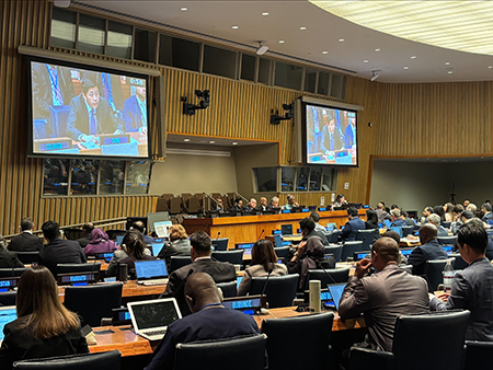 Delegates to the UN General Assembly First Committee meeting that began in October listen to remarks by Sun Xiaobo, director-general of the Department of Arms Control of the Chinese Foreign Affairs Ministry. (Photo by Shizuka Kuramitsu/Arms Control Association)
