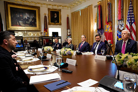 U.S. President Donald Trump (Far R), meeting Volodymyr Zelenskyy (Far L) at the White House Oct. 17, told the Ukrainian president he would not give his country Tomahawk cruise missiles, reversing an earlier indication that he would. (Photo by Andrew Harnik/Getty Images)