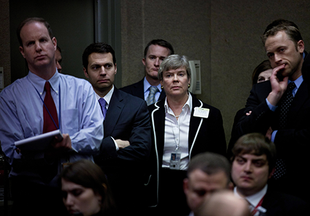 U.S. Assistant Secretary Secretary of State Rose Gottemoeller (C), chief U.S. negotiator for the New Strategic Arms Reduction Treaty (New START), listens during a press conference on Capitol Hill in December 2010 as nearby, the U.S. Senate debates approval of the treaty. (Photo by Brendan Smialowski/Getty Images)