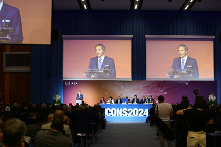 International Atomic Energy Organization (IAEA) Director-General Rafael Mariano Grossi speaks during the four-day International Nuclear Security Conference in Vienna  in 2024. (Photo by Askin Kiyagan/Anadolu via Getty Images)