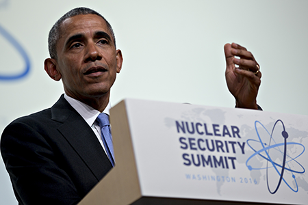 U.S. President Barack Obama launched a series of nuclear security summits in 2010 to advance progress on securing nuclear materials and facilities against terrorism but global attention has waned. He is pictured at a summit in Washington, D.C. in 2016.  (Photo By Andrew Harrer/Pool/Getty Images)