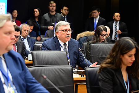 Russian Ambassador Mikhail Ulyanov addresses an extraordinary meeting of the International Atomic Energy Agency Board of Governors in January called to discuss nuclear security and safety risks in Ukraine after repeated Russian strikes on Ukraine’s nuclear energy infrastructure. (Photo by Dean Calma/IAEA)
