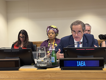 Director-General Rafael Mariano Grossi of the International Atomic Energy Agency addresses the preparatory committee that last April was making final plans for the 2026 nuclear Nonproliferation Treaty Review Conference. (Photo by Fredrik Dahl/IAEA)