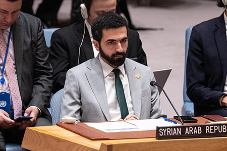 Syrian Ambassador to the UN Ibrahim Olabi of Syria attends UN Security Council meeting on the situation in Lebanon March 11, one day after announcing his government’s plan to demilitarize the rest of the state’s chemical weapons program . (Photo by Lev Radin/Pacific Press/LightRocket via Getty Images)