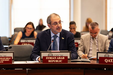 Mohamad Katoub, Syria’s ambassador to the Organisation for the Prohibition of Chemical Weapons, is working with the OPCW to account for and dismantle all the CW that the ousted president, Bashar al-Assad, had in his arsenal. In April, Katoub spoke to the “Breath of Freedom” task force, a group of countries supporting Syria in this effort. (Photo courtesy of OPCW)