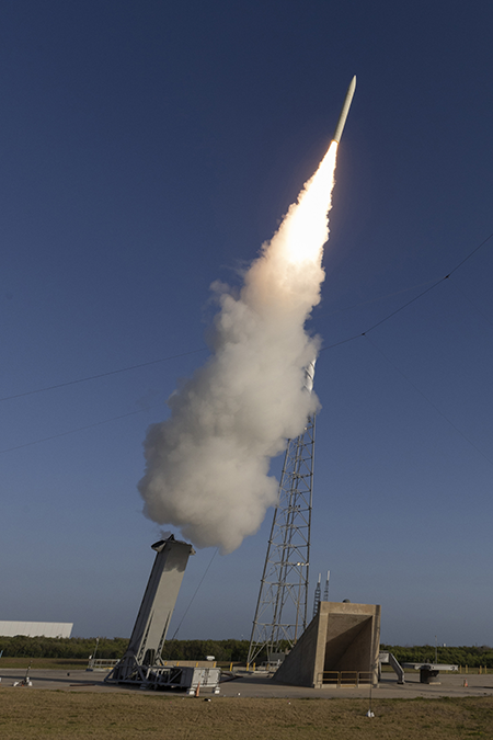 The U.S. Navy launches a test flight of a conventional hypersonic missile from Cape Canaveral, Fla. May 2025. The Navy plans to vastly expand its hypersonic arsenal, including buying 4,500 intermediate-range hypersonic missiles through fiscal 2031, at a total cost of $10.1 billion, according to the Pentagon’s budget request for 2027.  (Photo by U.S. Navy)