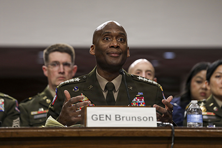 U.S. Army Gen. Xavier Brunson, commander of U.S. Forces Korea, tells a Senate Armed Services Committee hearing Apr. 21 that the United States is shipping some Terminal High Altitude Defense Systems interceptor missiles to the Middle East but the systems themselves are expected to remain in South Korea.  (U.S. Army photo by Sgt. Daniela Lechuga Liggio)