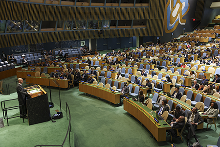 As the 2026 nuclear Nonproliferation Treaty Review Conference opened in New York April 27, the United States and Iran clash over Tehran’s nuclear program and its selection to be one of dozens of vice ‌presidents at the month-long conference. (Photo by Angela Weiss / AFP via Getty Images)