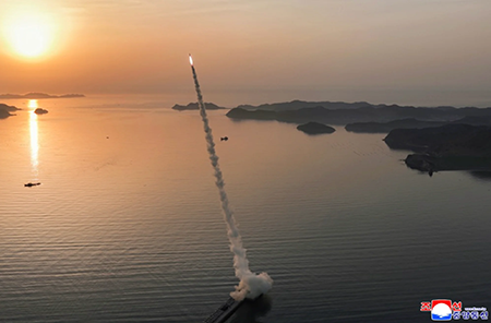 North Korea launches one of five short-range ballistic missiles armed with cluster munitions against an island target in the Sea of Japan April 19. (Photo by. State-run Korean Central News Agency via U.S. Naval Institute)