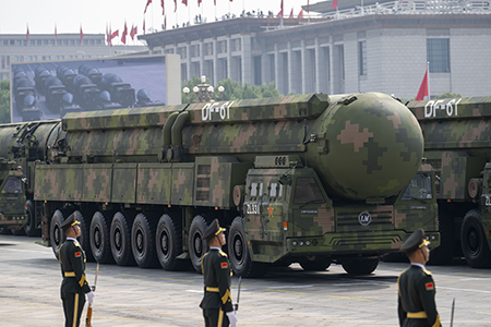 China’s DF-61 intercontinental ballistic missiles, displayed at a V-Day military parade in September, are part of the nuclear modernization program that has put Beijing in competition with Moscow and Washington, complicating the nuclear Nonproliferation Treaty review process. (Photo by VCG/VCG via Getty Images)