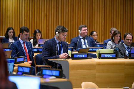 Delegates representing states-parties to the nuclear Nonproliferation Treaty listen May 11  to proceedings of the 2026 NPT Review Conference at UN headquarters in New York. (UN Photo/Loey Felipe)