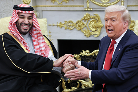 U.S. President Donald Trump (R) hosts Saudi Crown Prince Mohammed bin Salman Nov. 18 at the White House. Trump's administration recently told Congress in a report that U.S. national security interests will be enhanced by signing a nuclear cooperation agreement with Riyadh. (Photo by Win McNamee/Getty Images)