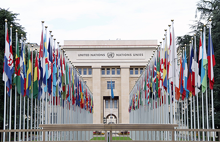 UN Headquarters in Geneva, where UN member states and nongovernmental organizations met in June to discuss AI in the military domain. (Photo by Fatih Erel/Anadolu Agency/Getty Images)