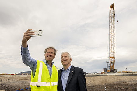 Jacob DeWitte (L), cofounder and ceo of Oklo Inc., takes a selfie with U.S. Secretary of Energy Chris Wright as they tour the company’s Aurora Powerhouse site at Idaho National Laboratory in Idaho Falls, June 25. Wright, a former Oklo board member, visited the laboratory to celebrate recent advancements in nuclear energy, particularly with small modular reactors and microreactors. (Photo by Natalie Behring/Getty Images)