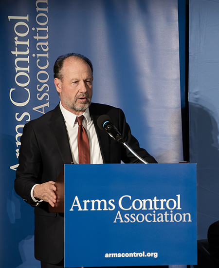 Daryl Kimball, executive director of the Arms Control Association, welcomes participants to the organization's 2026 annual meeting at The National Press Club in Washington, D.C. (Photo by Allen Harris/Arms Control Association)