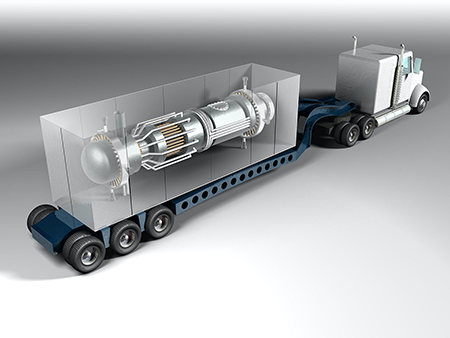 Microreactors—smaller factory-built systems easily transported by trucks, railcars, airplanes or ships—could replace diesel generators and offer steady power without daily fuel deliveries to residential homes and military bases. (Ilustration from Idaho National Laboratory)