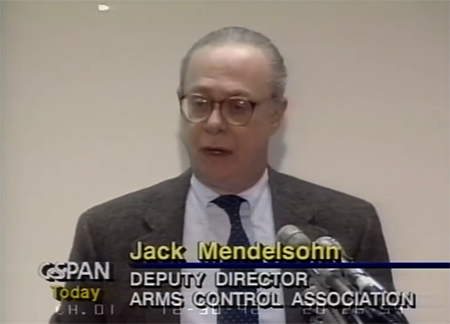 Jack Mendelsohn, deputy director of the Arms Control Association, and other experts discuss the U.S.-Russian Strategic Arms Reduction Treaty II (START II) in December 1992 ahead of a summit between U.S. President George H.W. Bush and Russian leader Boris Yeltsin. (Photo courtesy of CSPAN)