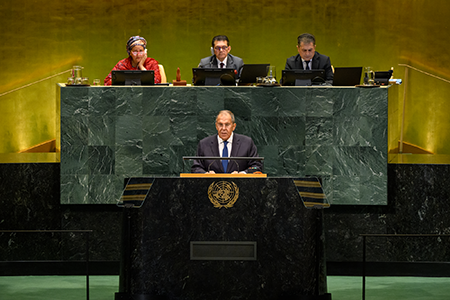 Russian Foreign Minister Sergey Lavrov addresses the UN General Assembly in New York in September. Russia, along with the United States, China, and Iran are viewed as major spoilers in the embattled nuclear Nonproliferation Treaty process. (UN photo by Loey Felipe)