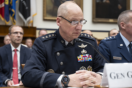 Gen. Michael Guetlein, the top U.S. Space Force general responsible for the Golden Dome missile defense program, is shown testifying before a House Armed Services Subcommittee in April. In a speech in September, he gave the first details on how the Pentagon plans to implement President Donald Trump’s vision for the initiative. (Photo by Luke Johnson/Getty Images)