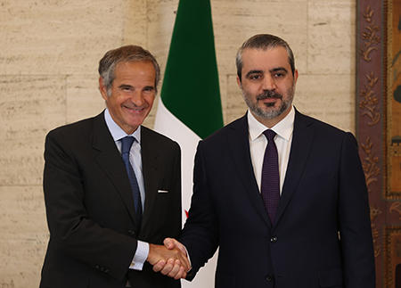 Syrian Foreign Minister Asaad al-Shibani (R) and International Atomic Energy Agency Director-General Rafael Mariano Grossi meet in Damascus in August 2026. One month later, the agency’s board of governors closed its investigation into Syria’s nuclear program after the new government resolved long-standing questions about the Assad regime’s illicit activities.  (Photo by Izz Aldien Alqasem/Anadolu via Getty Images)