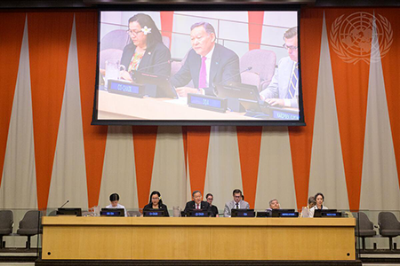 Kazakhstan’s UN Ambassador Kairat Umarov (C on dais) co-chairs the Sept. 1 International Meeting on Victim Assistance and Environmental Remediation at the UN in New York. It was the UN’s first formal attempt to address the real-world consequences of nuclear weapons use and testing. (UN photo by Manuel Elias)