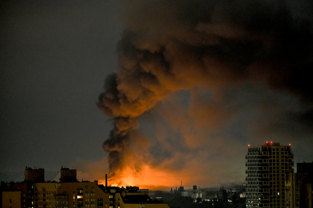 A plume of thick black smoke rises from a fire caused by the impact of an overnight Russian missile attack, Kyiv, Ukraine, August 1, 2026. (Photo by EVGEN KOTENKO/ Ukrinform/Future Publishing via Getty Images)