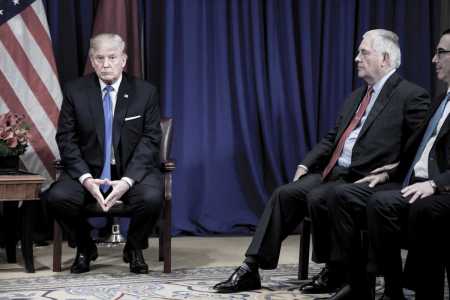 President Donald Trump (L), Secretary of State Rex Tillerson (C) and Secretary of the Treasury Steven Mnuchin wait for a meeting on the sidelines of the United Nations General Assembly. (Photo: BRENDAN SMIALOWSKI/AFP/Getty Images)