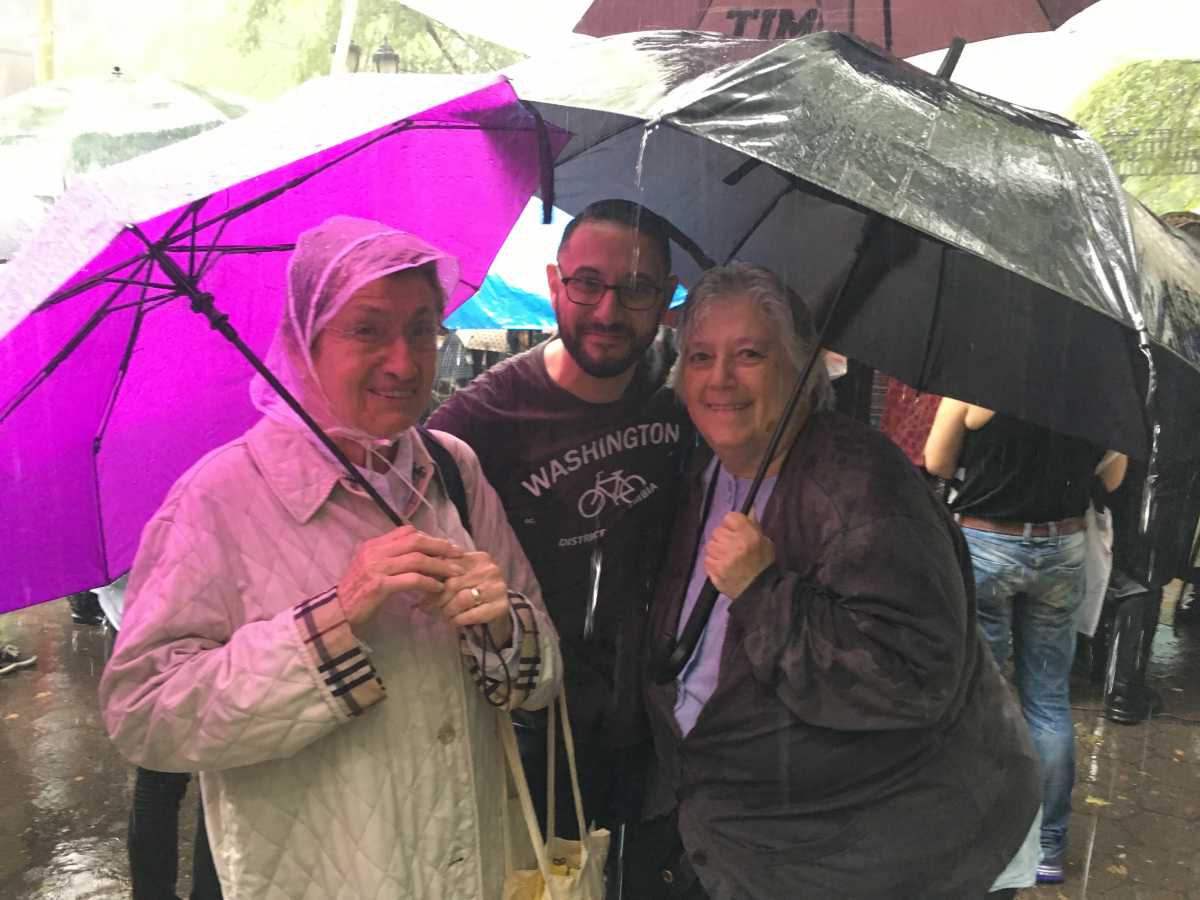 Cora Weiss, Vincent Intondi (the author), and Leslie Cagan at the June 17, 2017 Women's March to Ban the Bomb. (Photo provided by the author.)