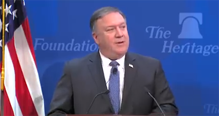 Secretary of State Mike Pompep speaking at the Heritage Foundation on the U.S. decision  to violate the 2015 nuclear deal with Iran. (Photo: State Department)