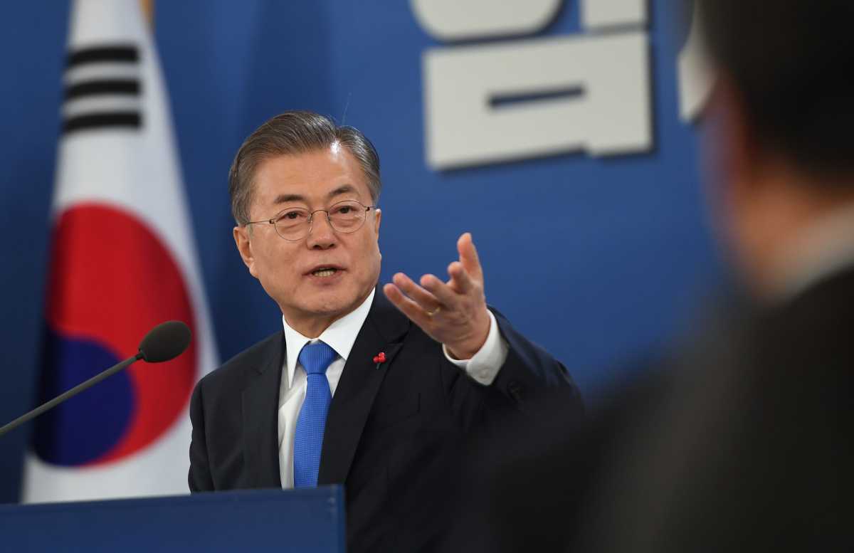 South Korean President Moon Jae-in speaks at a press conference at the presidential Blue House in January 2019 (Photo by Jung Yeon-je-Pool/Getty Images)