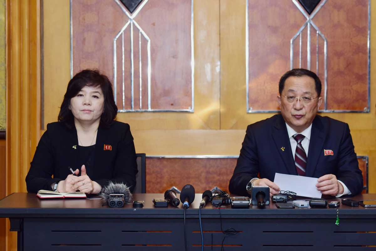 North Korean Foreign Minister Ri Yong Ho (R) speaks as vice-minister of Foreign Affairs Choe Son Hui looks on during a press conference in Hanoi in March 2019. (Photo by Huy PHONG /AFP/Getty Images)