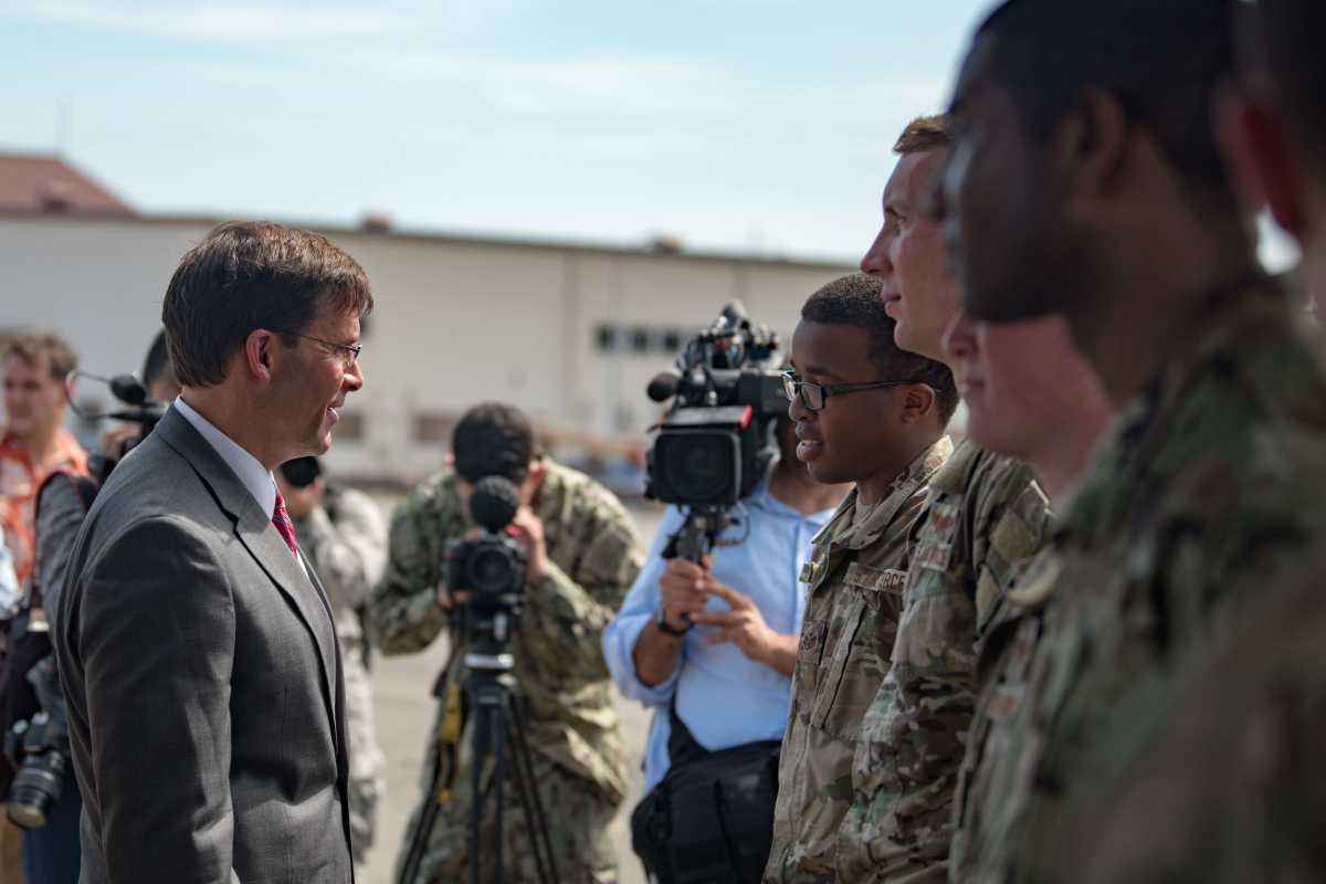 Defense Secretary Dr. Mark T. Esper meets with airmen at Yokota Air Base, Japan during his trip to the Indo-Pacific region, Aug. 7, 2019. (Photo: Army Sgt. Amber I. Smith)