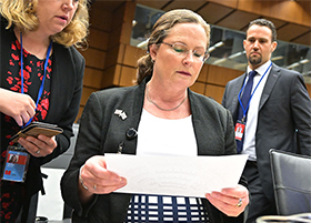 Laura Holgate (L), U.S. ambassador to the Vienna Office of the United Nations and to the International Atomic Energy Agency (IAEA), attends the quarterly IAEA Board of Governors meeting in Vienna on June 6. The board censured Iran for failing to provide long-sought data about its past nuclear activities. (Photo by Joe Klamar/AFP via Getty Images)