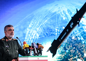 Commander of Aerospace Force of the Islamic Revolutionary Guard Corps Amir Ali Hajizadeh gives a speech as Iran presents its first hypersonic ballistic missile 'Fattah' (Conqueror) in an event in Tehran, Iran on June 06, 2023. (Photo by Sepah News / Handout/Anadolu Agency via Getty Images)