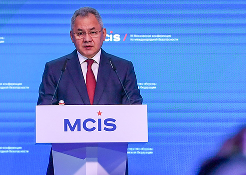 Russian Defense Minister Sergei Shoigu speaks at the opening ceremony of the 11th Moscow Conference on International Security in Kubinka, Russia, Aug. 15, 2023. (Photo by Cao Yang/Xinhua via Getty Images)