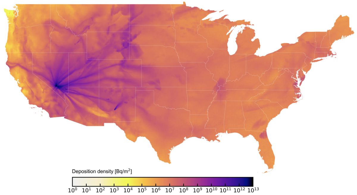 A map depicting composite deposition of radioactive material across the contiguous U.S. from the Trinity test in New Mexico and from 93 atmospheric tests in Nevada. (Source: Princeton Program on Science and Global Security)