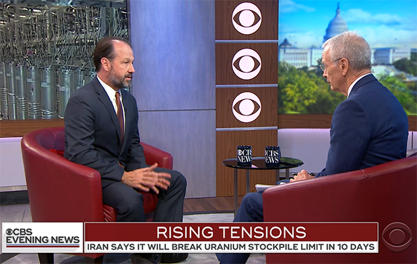 Daryl Kimball spoke with CBS Evening News' David Martin about Iran's threatened breach of low-enriched uranium limits, June 18, 2019. (Click to watch.)