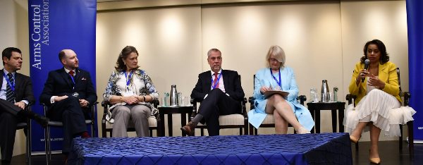 Diplomats from the TPNW “core group” (Brazil, Austria, New Zealand, Mexico, Ireland, and Costa Rica) speak at the 2018 ACA Annual Meeting after receiving the “Arms Control Persons of the Year” award.
