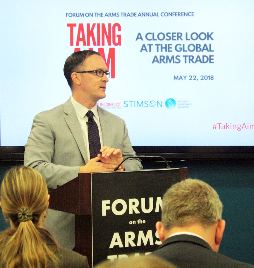 Michael F. Miller, Acting Deputy Assistant Secretary, Bureau of Political-Military Affairs, U.S. Department of State discusses new US conventional arms transfer policy and proposed changes to firearms exports at Forum on the Arms Trade conference in Washington DC on May 22. (Photo: Stimson Center)