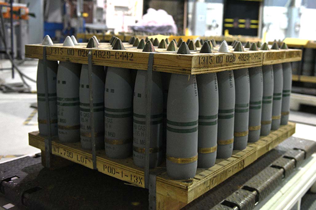 Photographed on Nov. 23, 2021, palletized 105mm projectiles at the Pueblo Chemical Agent-Destruction Pilot Plant await eventual destruction outside of the explosive containment room in the Enhanced Reconfiguration Building. (Photo credit: PEO ACWA)