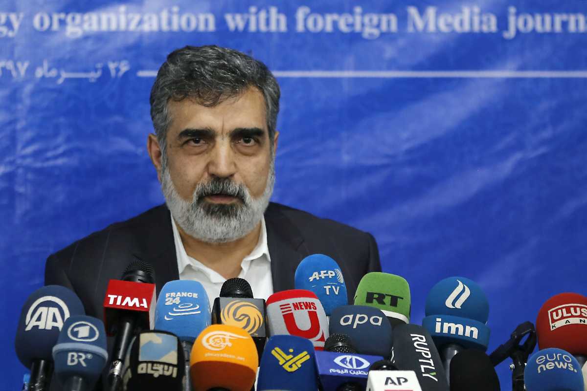 Spokesman of the Atomic Energy Organization of Iran (AEOI), Behrouz Kamalvandi answers the press in the capital Tehran on July 17, 2018 regarding Iran's complaint to the International Court of Justice against the United States' reimposition of sanctions. (Photo by ATTA KENARE/AFP/Getty Images)