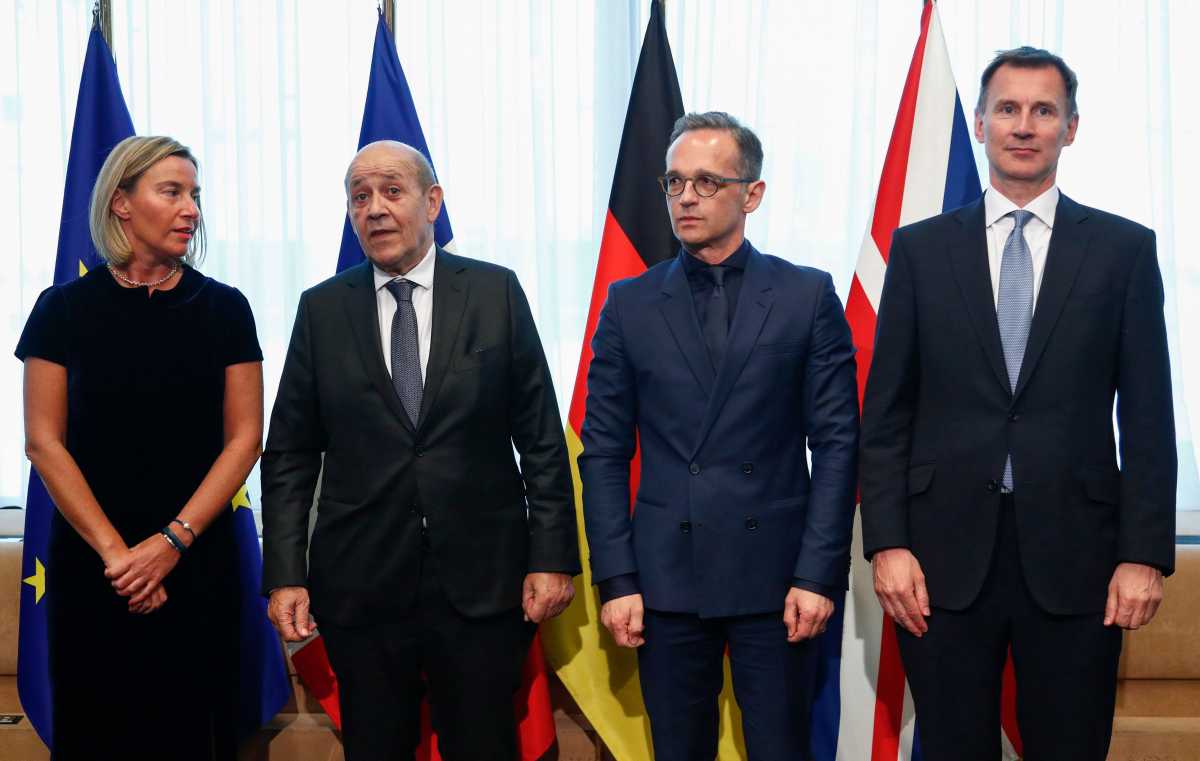 EU's Foreign Policy Chief Federica Mogherini, French Foreign Minister Jean-Yves Le Drian, German Foreign Minister Heiko Maas and Britain's Foreign Secretary Jeremy Hunt at EU headquarters in Brussels, May 13, 2019. (Photo: FRANCOIS LENOIR/AFP/Getty Images)