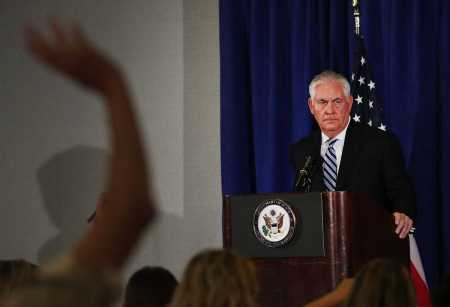 NEW YORK, NY - SEPTEMBER 20: Secretary of State Rex Tillerson speaks to the media following a meeting with Iranian leaders over the Iran nuclear deal on September 20, 2017 in New York City. President Donald Trump declared on Wednesday that he had reached a decision about how to proceed with the controversial nuclear agreement. (Photo by Spencer Platt/Getty Images)