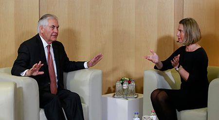 US Secretary of State Rex Tillerson (L) meets with EU foreign policy chief Federica Mogherini at the European Union Council building in Brussels on December 5, 2017. Tillerson meets his EU and NATO counterparts in Brussels today to shore up ties, with allies insisting he still plays a 'key role' despite doubts over his future, before a two-day NATO meeting set to focus on North Korea's missile programme and concerns over perceived hostility from Russia. (Photo: OLIVIER HOSLET/AFP/Getty Images)