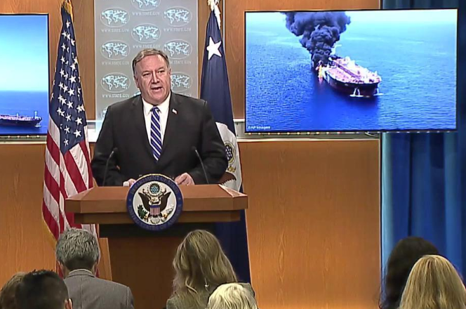 U.S. Secretary of Statement Mike Pompeo speaks to the press on the U.S. government's assessment of Iranian responsibility for attacks on tankers in the Gulf of Oman, June 13, 2019 (Photo: U.S. State Department)