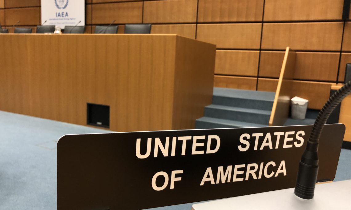 United States placard in IAEA Board of Governors plenary before the start of a meeting. (Photo: U.S. Mission, Vienna)
