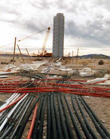Diagnostic cables snake their way across the Nevada Test Site towards the Icecap tower, which housed the diagnostic cannister. One of three U.S. nuclear tests planned for 1993. The test was to have been in the 20-to-150-kiloton range and would have been conducted 1,557 feet underground.  (Photo: National Nuclear Security Administration)